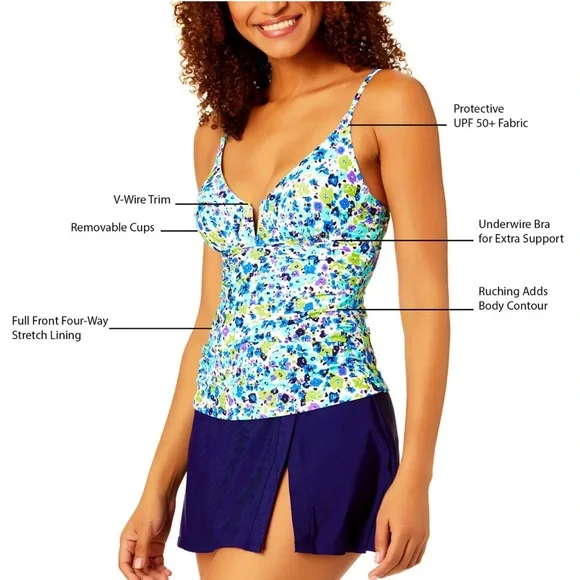 Anne Cole Ladies Tankini Swim Top Blue Ditsy w/ Purple. Size S - Picture 2 of 11